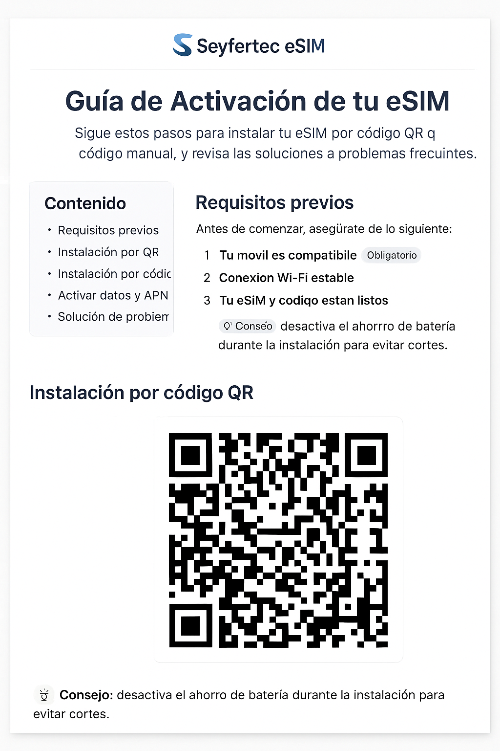 Código QR de eSIM — ejemplo de activación